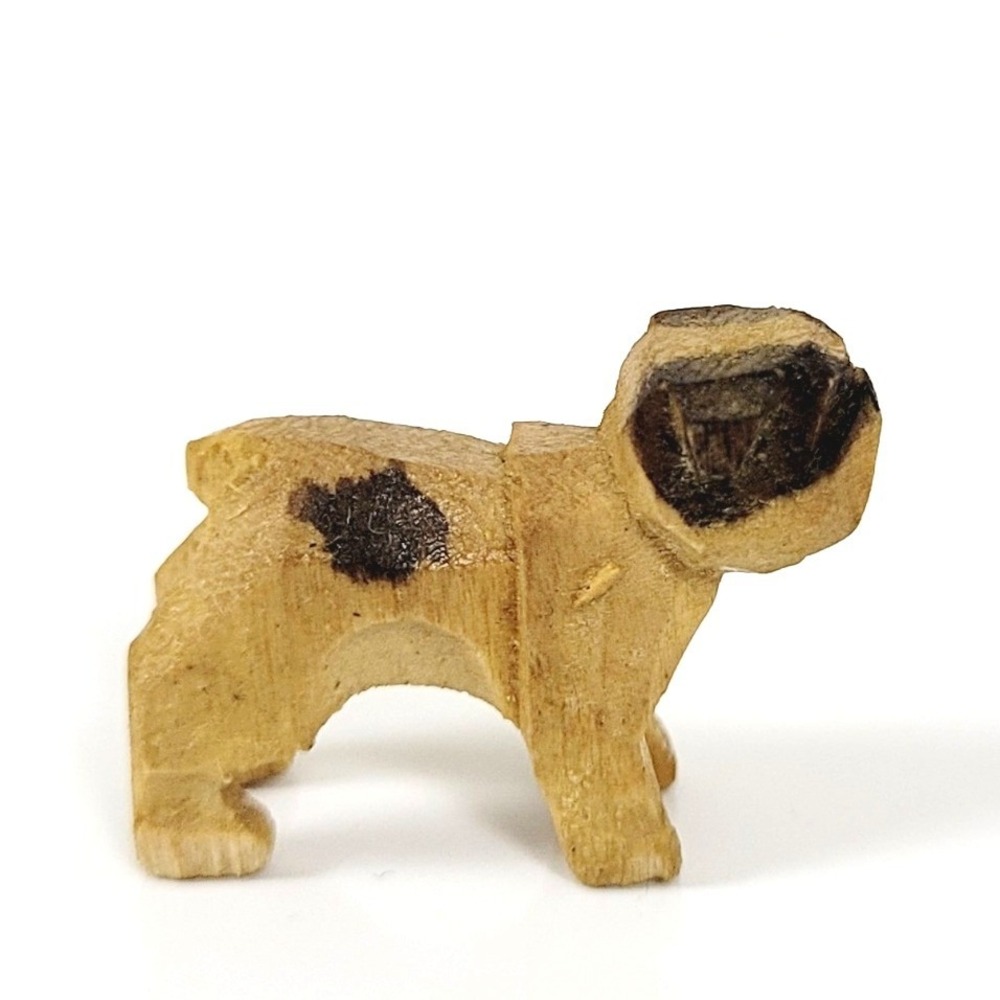 Vintage Hand-Carved Wooden Bulldog Figurine- Miniature Dog- Folk Art, Minimalist